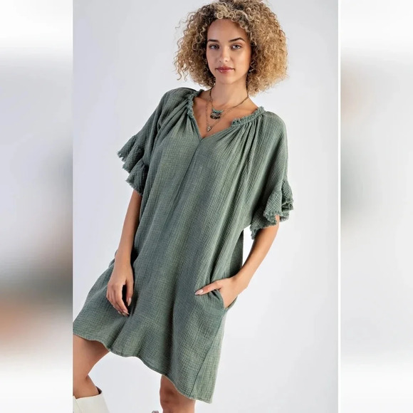 New! Easel Green Mineral Washed Cotton Gauze Dress - Picture 2 of 6